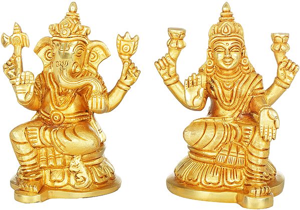 4" Lakshmi Ganesha Pair Brass Sculpture | Handmade | Made in India