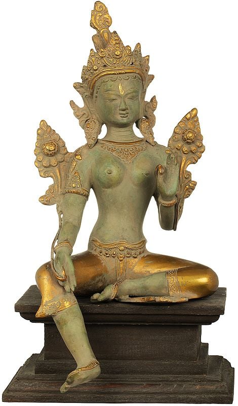14" Tibetan Buddhist Deity Green Tara, Steeped In Dhyana On A Wood Pedestal In Brass | Handmade | Made In India
