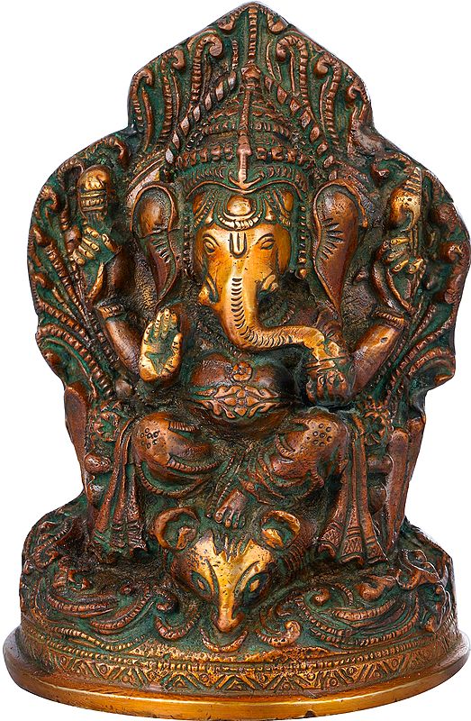 6" Throne Ganesha Brass Statue, Leg Resting on Mouse Head | Handmade