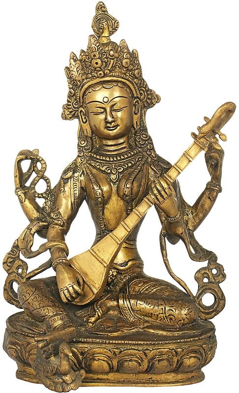 12" Lotus Seated Goddess Saraswati, Her Foot Resting on Her Swan In Brass | Handmade | Made In India