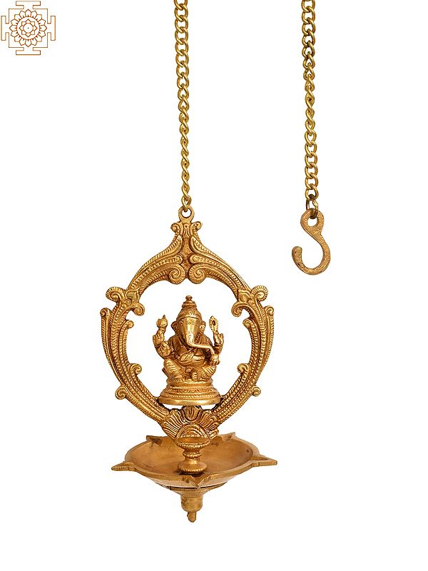 10" Lord Ganesha Roof Hanging Lamp in Brass | Handmade | Made in India
