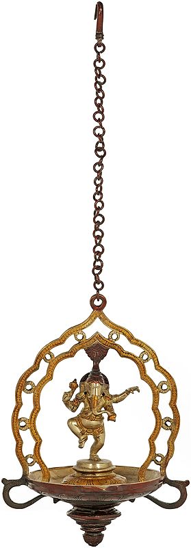12" Dancing Ganesha Roof Hanging Lamp In Brass | Handmade | Made In India