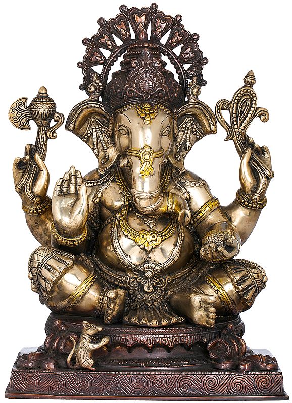 20" Lord Ganesha Wearing A Lotus Petals Crown In Brass | Handmade | Made In India