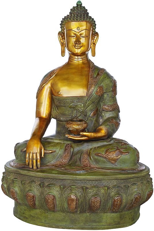 32" Tibetan Buddhist Lord Buddha in Bhumisparsha Mudra Wearing a Robe Carved With Auspicious Symbols - Large Size In Brass | Handmade | Made In India