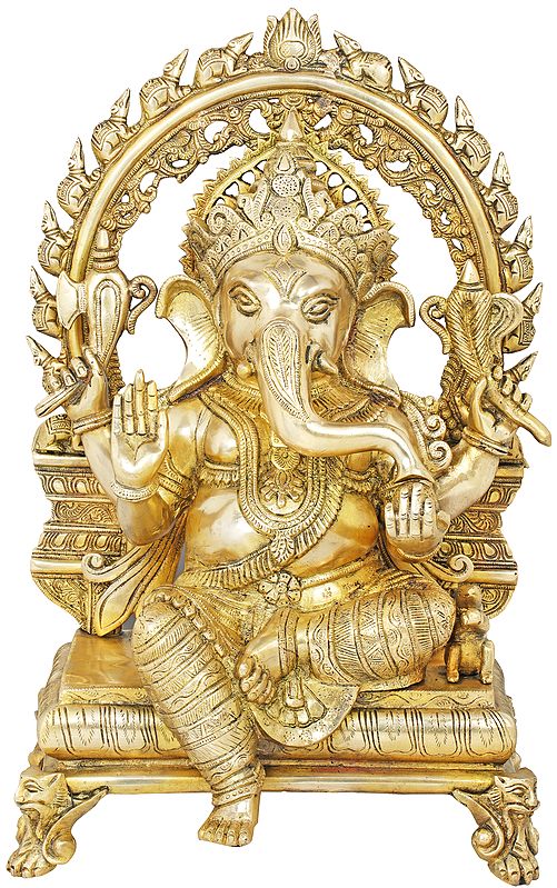 19" Abhaya Granting Ganesha Seated on a Chowki with Marching Rats Aureole In Brass | Handmade | Made In India