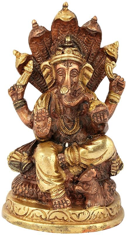 5" Ganesha Seated on Sheshanaga (Small Sculpture) In Brass | Handmade | Made In India