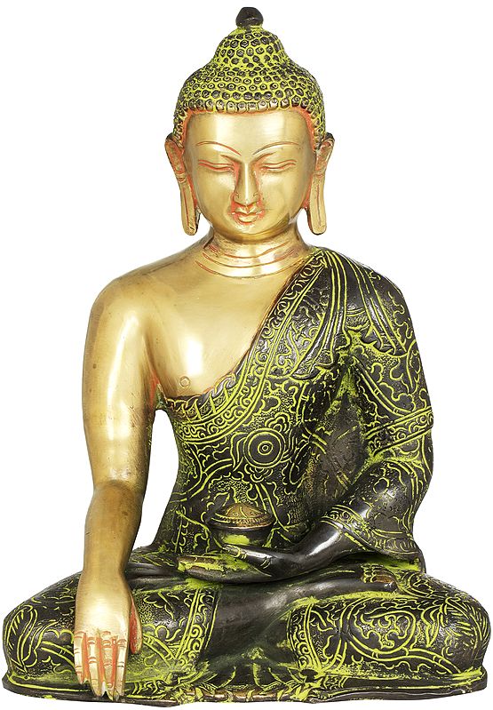11" Tibetan Buddhist Lord Buddha in Bhumisparsha Mudra Wearing a Carved Robe In Brass | Handmade | Made In India