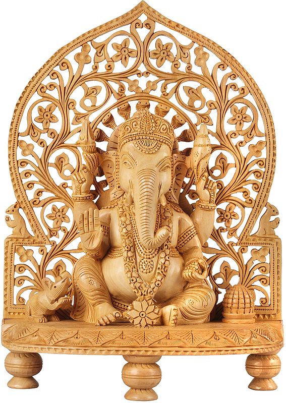Blessing Ganesha Seated on Chowki With Floral Aureole