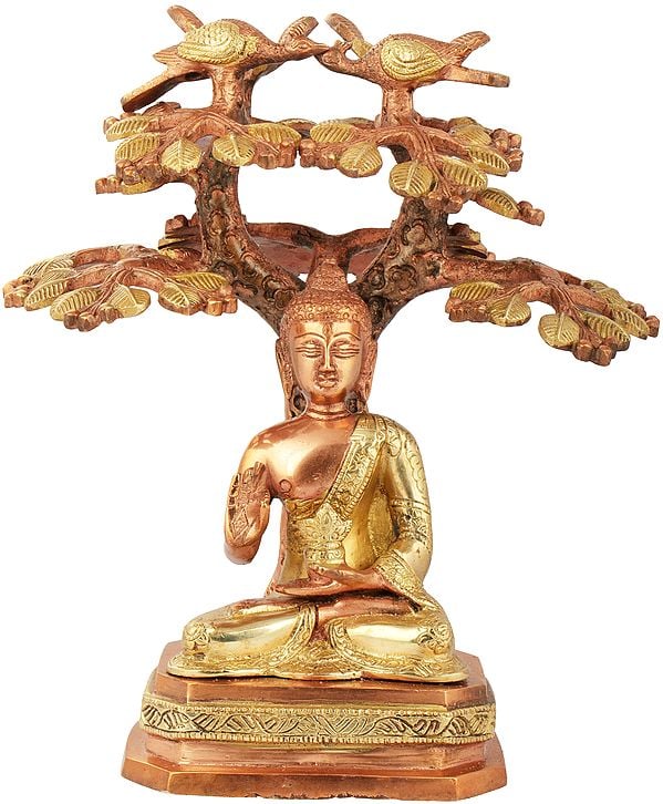 9" Lord Buddha Preaching Under The Bodhi Tree (Tibetan Buddhist) In Brass | Handmade | Made In India