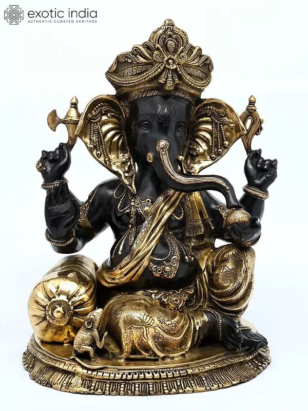 22" Chaturbhuja Relaxing Ganesha Idol Seated on a Chowki with Cushion | Handmade Brass Statue