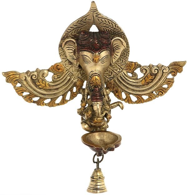 10" Ganesha Dancing Nestled In The Trunk Of Ganesha: Lamp And Temple Bell Wall-Hanging In Brass | Handmade | Made In India