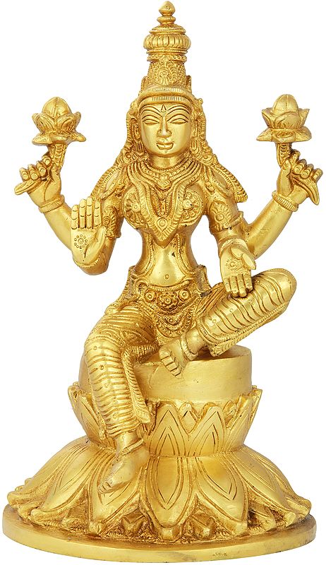 9" Chaturbhujadharini Devi Lakshmi on Giant Lotus | Handmade Brass Statue