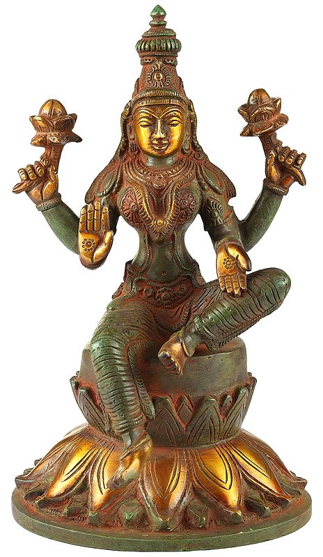 9" Chaturbhujadharini Devi Lakshmi, Seated On A Giant Lotus In Brass | Handmade | Made In India