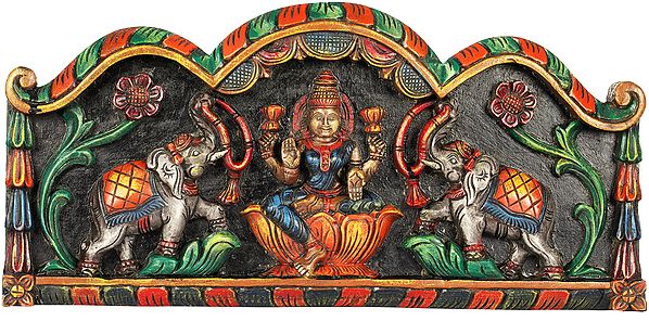Wooden Gajalakshmi Wall Hanging Panel - Carving with South India Temple Wood