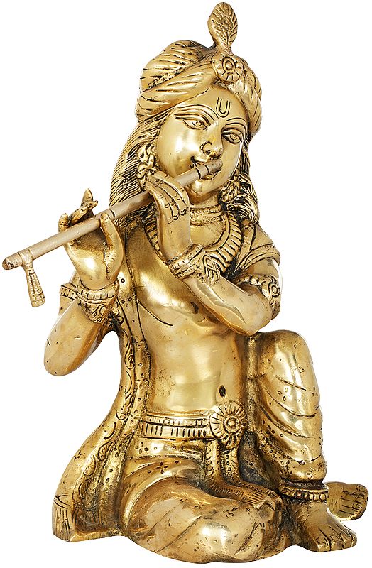12" Seated Krishna, Making Music That Makes His Devotees Break Into Ecstatic Dance | Brass Statue | Handmade | Made In India