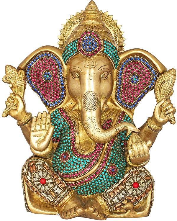 10" Blessing Inlay Ganesha In Brass | Handmade | Made In India