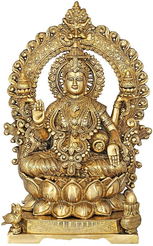 16" Goddess Lakshmi On Lotus Seat With Kirtimukha Prabhawali In Brass | Handmade | Made In India