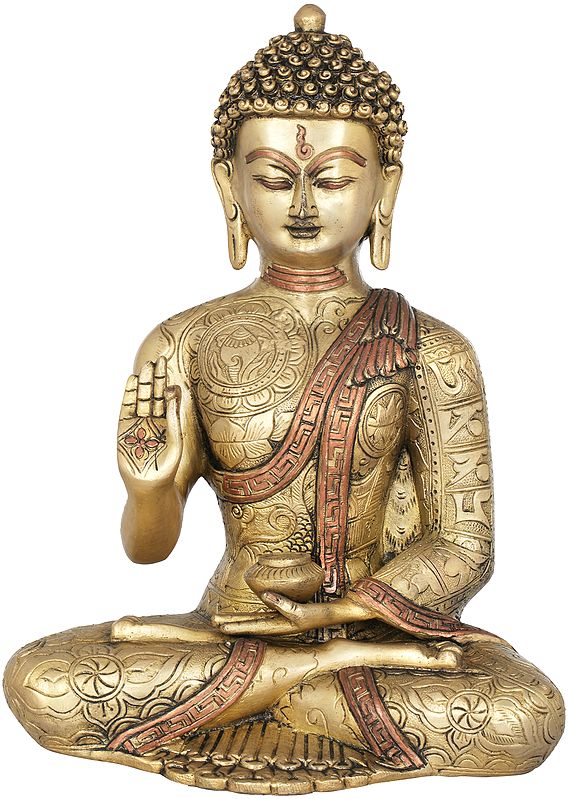 Tibetan Buddhist Lord Buddha In Vitark Mudra, Auspicious Symbols/Mantras On The Robe