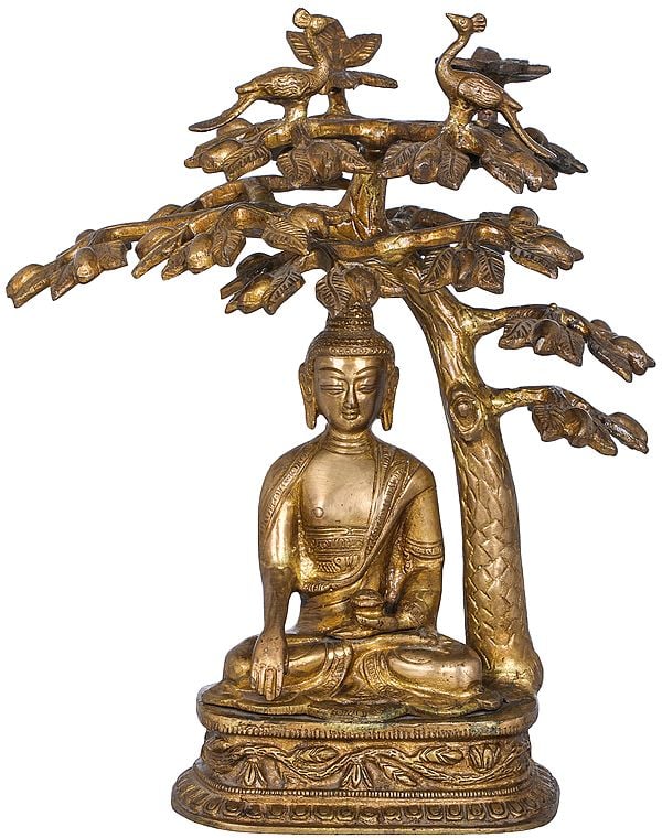 12" Lord Buddha Attaining Spiritual Enlightenment Under The Bodhi Tree - Tibetan Buddhist In Brass | Handmade | Made In India