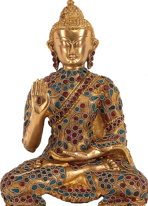 11" Lord Buddha Brass Idol in Abhaya Mudra with Inlay work | Made in India