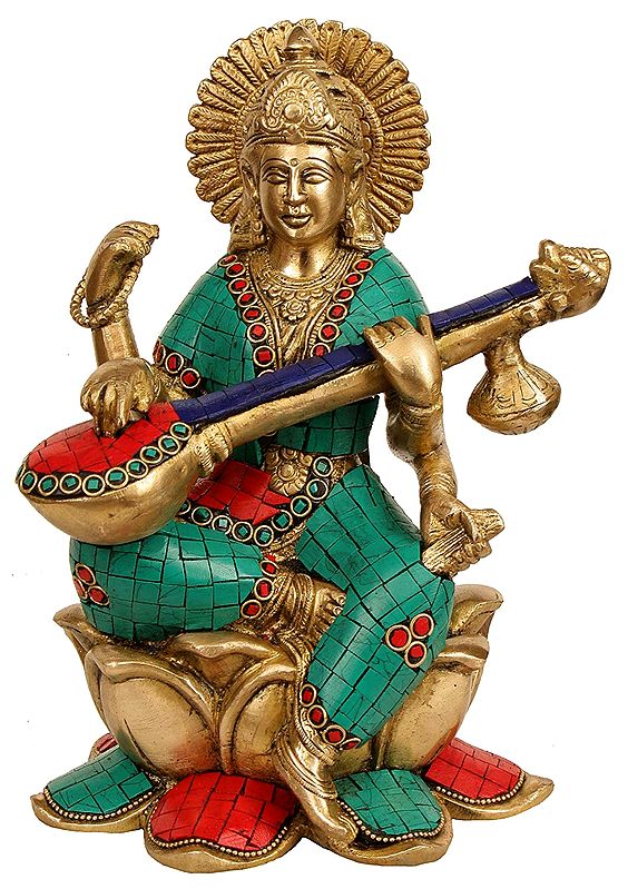 10" Goddess Saraswati Idol Seated on Lotus and Playing Veena in Brass | Handmade | Made in India