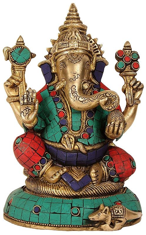 7" Blessing Ganesha with Inlay In Brass | Handmade | Made In India