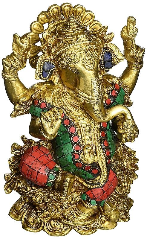 7" Lord Ganesh Sitting on Lotus with Inlay In Brass | Handmade | Made In India
