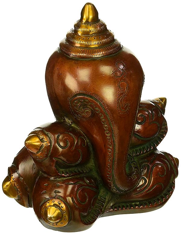 7" Lord Ganesh Conch Statue In Brass | Handmade | Made In India