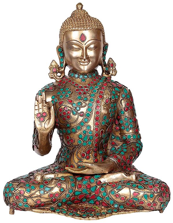 12" Blessing Lord Buddha Embellished with Inlay In Brass | Handmade | Made In India