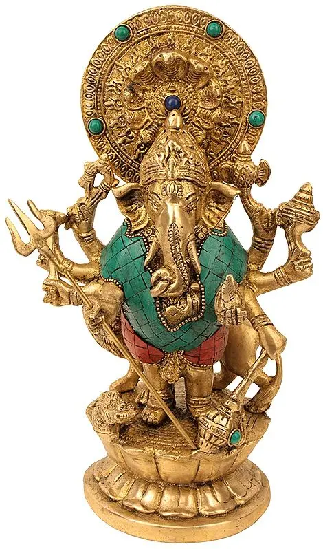 11" Standing Ganesha with Lion and Inlay In Brass | Handmade | Made In India