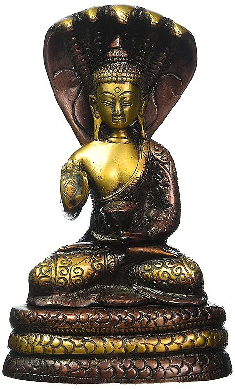 7" Tibetan Buddhist Blessing Buddha Under Serpent Muchalinda In Brass | Handmade | Made In India