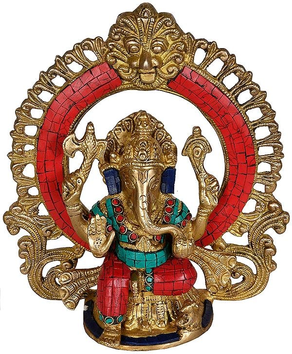 9" Blessing Ganesha Seated on a Chowki With Aureole In Brass | Handmade | Made In India