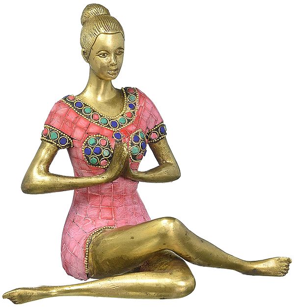 9" Namaste Yoga Lady Idol with Inlay In Brass | Handmade | Made In India