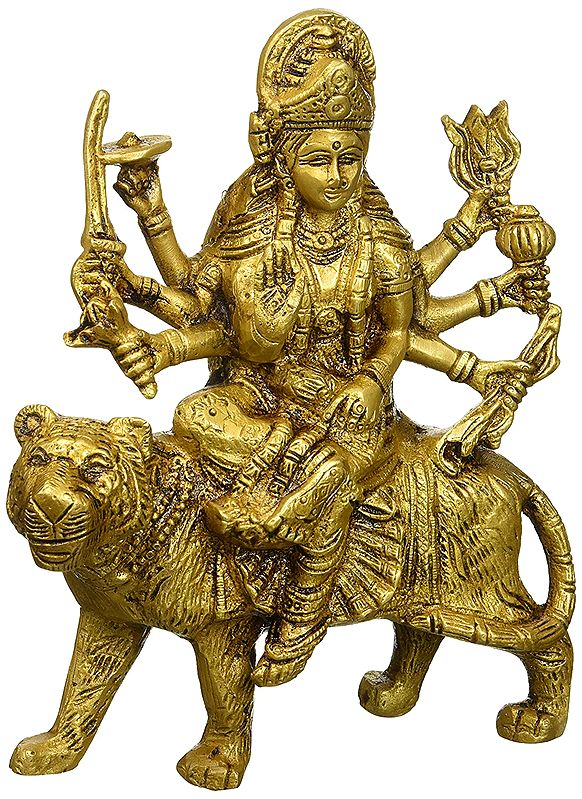 6" Goddess Durga Seated on Lion In Brass | Handmade | Made In India