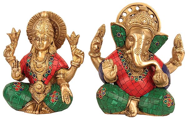 7" Lord Ganesha and Goddess Lakshmi Brass Statue with Inlay work | Handmade | Made in India