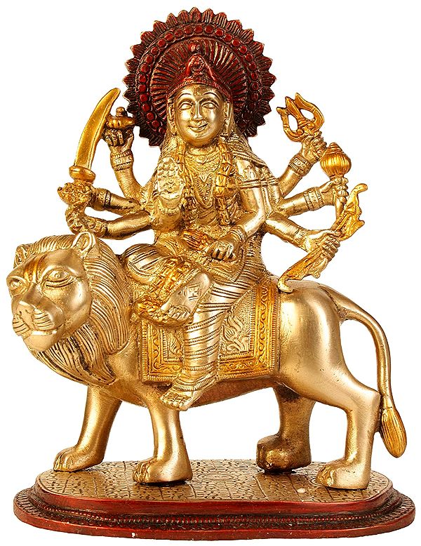 8" Goddess Durga Seated on Lion In Brass | Handmade | Made In India