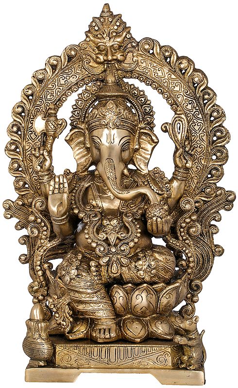 17" Lord Ganesha Seated on Lotus Seat With Kirtimukha Aureole In Brass | Handmade | Made In India