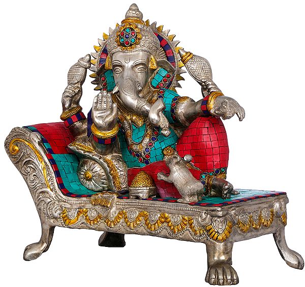 14" Ganesha Idol Relaxing on a Recliner in Brass | Handmade | Made in India