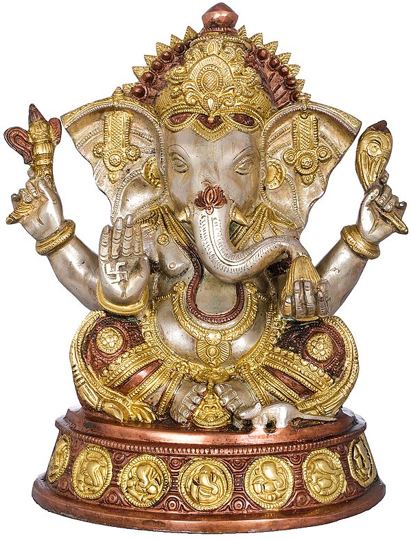 11" Ashirwad Ganesha Seated on Ashtaganesha Chowki In Brass | Handmade | Made In India