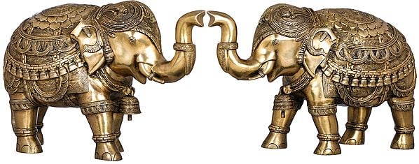 Temple Elephant Pair with Bells and Upraised Trunks (Supremely Auspicious According to Vastu)