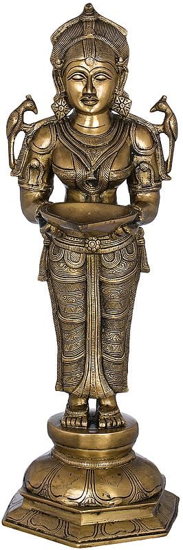20" Deepalakshmi with Parrot on Her Shoulders In Brass | Handmade | Made In India
