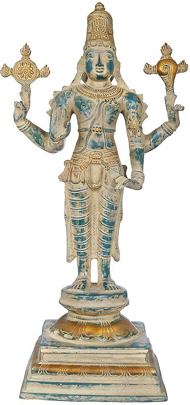 19" Stately Lord Vishnu Brass Statue | Handmade Home Temple Murti