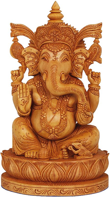 Blessing Ganesha Seated on a Lotus | Wooden Statue from Jaipur