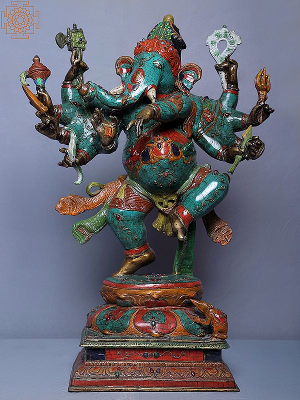 26" Ten Armed Dancing Ganesha With Superfine Stone Work - Made in Nepal In Brass