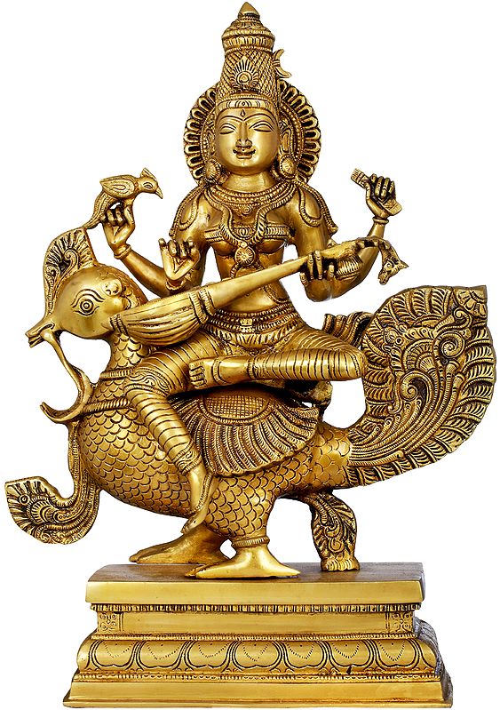 19" Enchanting Devi Saraswati Seated on Her Peacock | Handmade Brass Statue