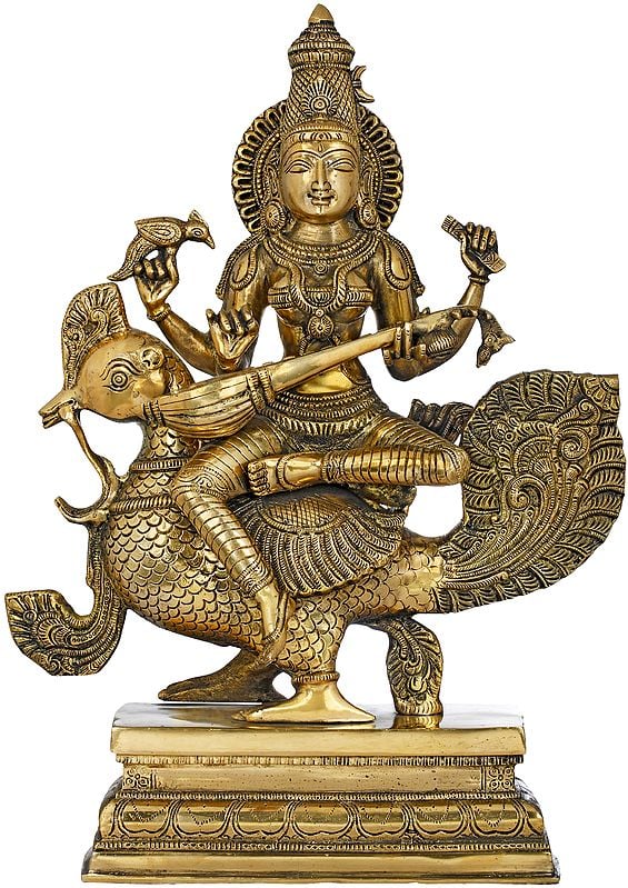 19" The Enchanting Devi Sarasvati Seated On Her Peacock In Brass | Handmade | Made In India