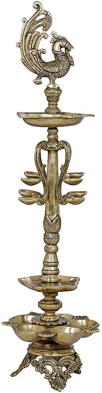 28" Multi Wicks Large Peacock Lamp In Brass | Handmade | Made In India