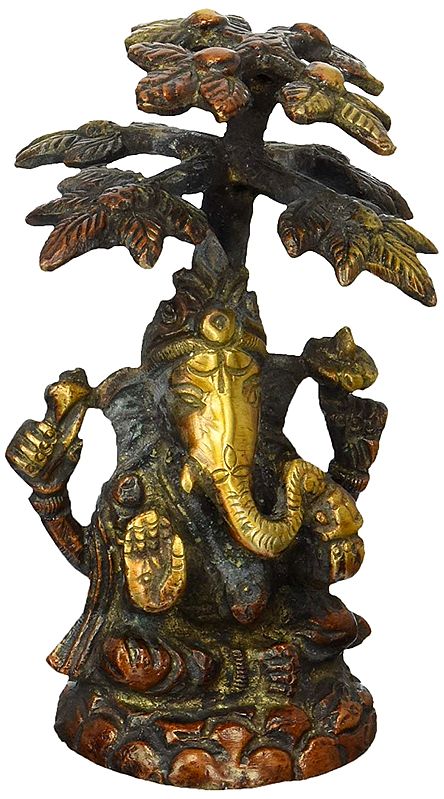 3" Lord Ganesha Seated Under Tree in Brass | Handmade | Made in India