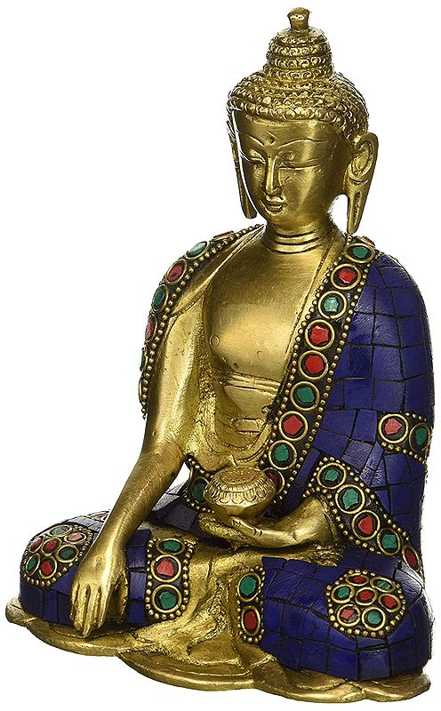 5" Lord Buddha in the Bhumisparsha Mudra (Wearing Lapis Hued Robe) In Brass | Handmade | Made In India