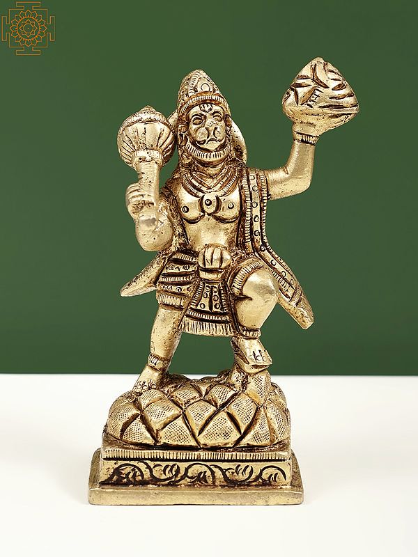 4" Brass Hanuman Statue Lifting Sanjeevani Booti Mountain | Handmade | Made in India